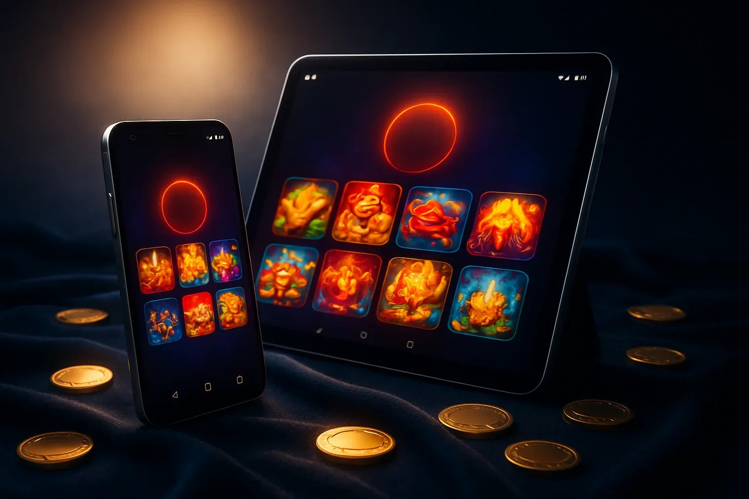 Phone and tablet with glowing casino app interfaces on blue velvet