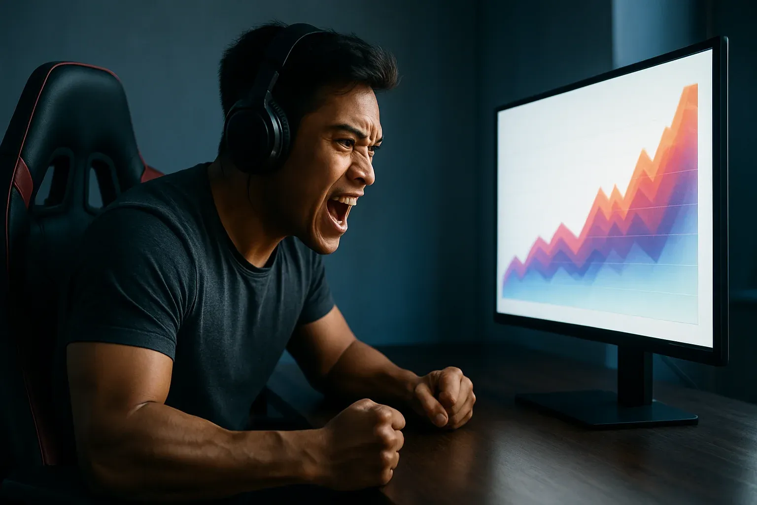 Filipino male player intensely watching colorful ascending graph on monitor