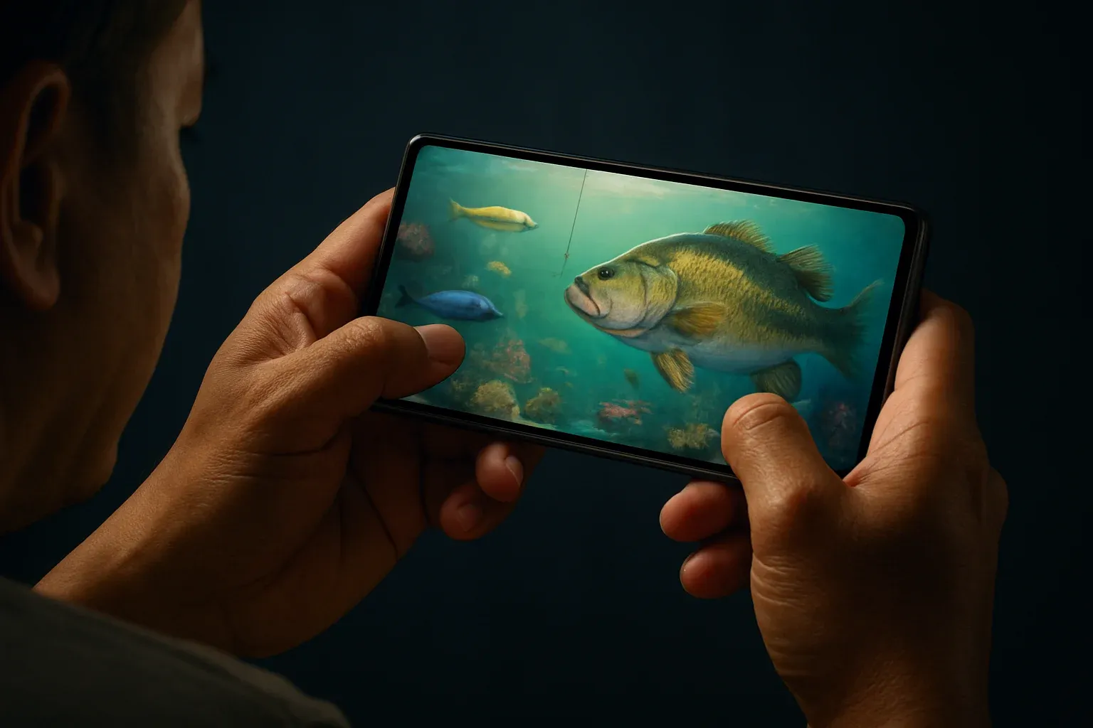 Hands holding Android phone with colorful underwater fishing game scene
