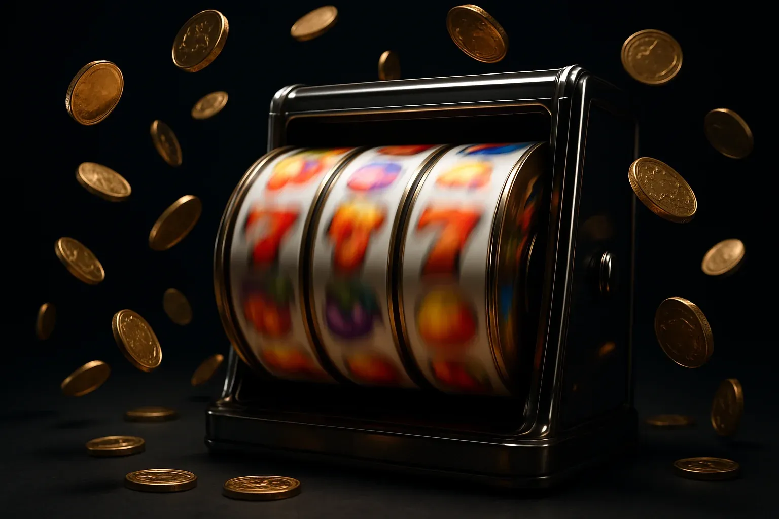 Colorful slot machine reels spinning with flying gold coins in dramatic light