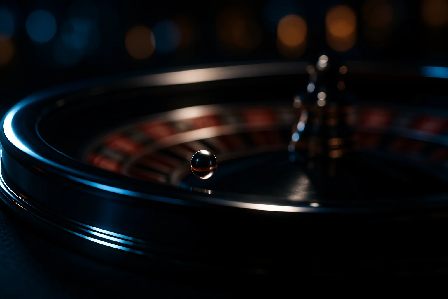 Hyperrealistic live casino roulette wheel spinning with chrome ball and blue felt