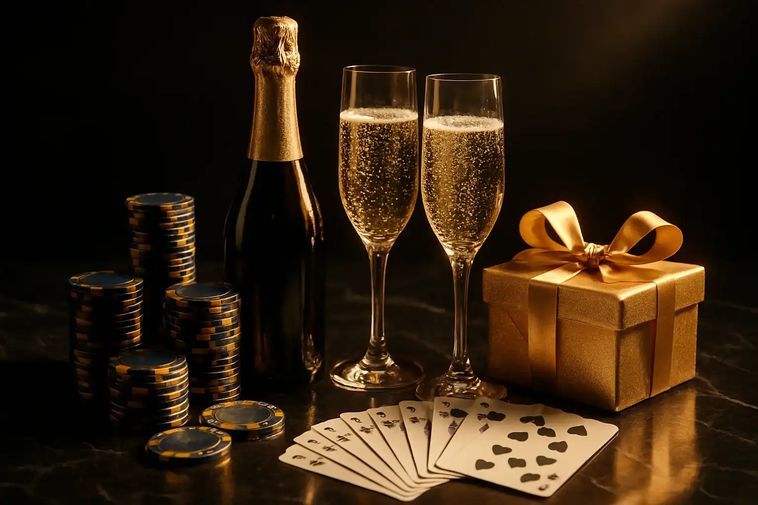 Champagne, casino chips, cards, and glowing gift box on black marble