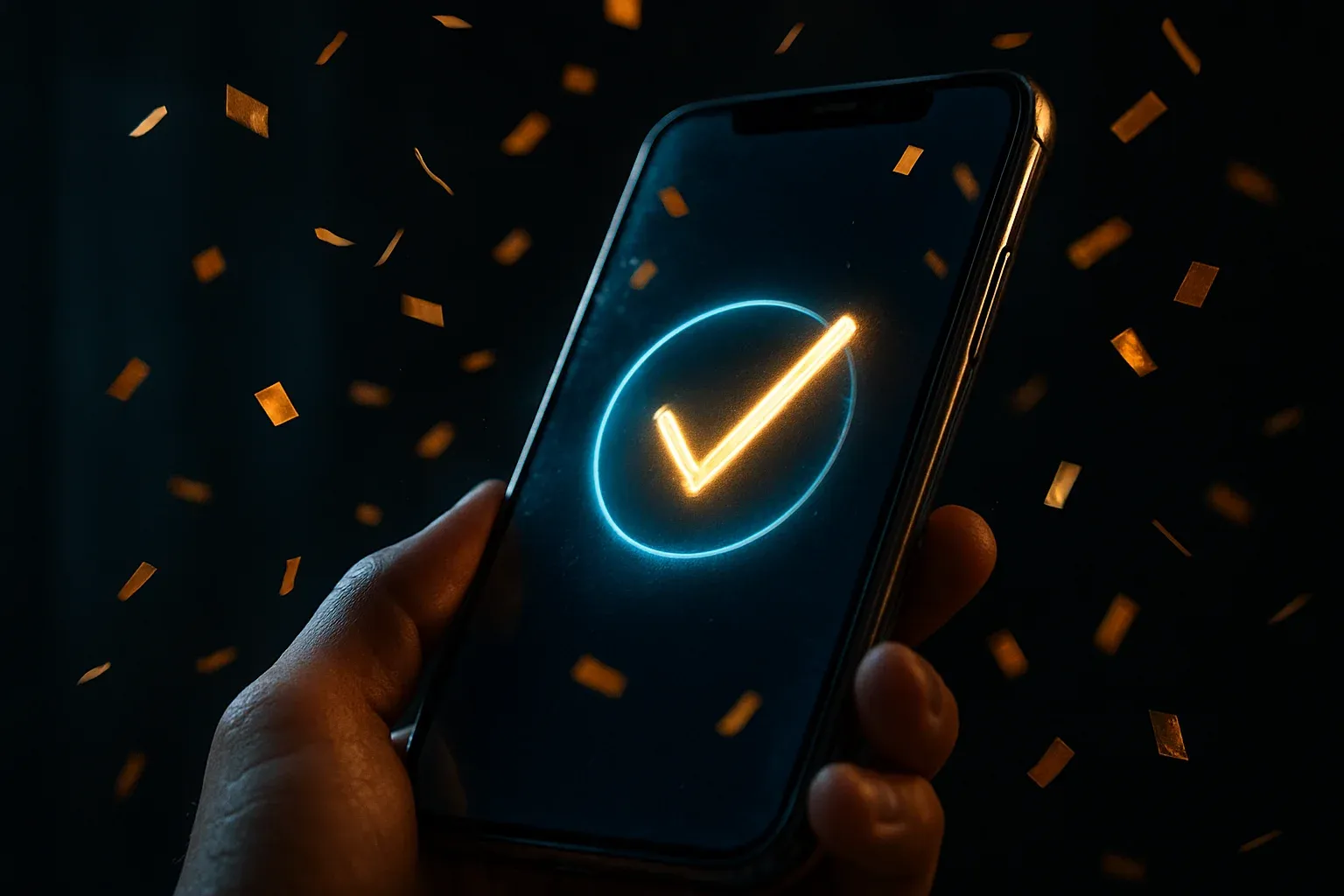 Smartphone showing glowing success checkmark with confetti on dark background