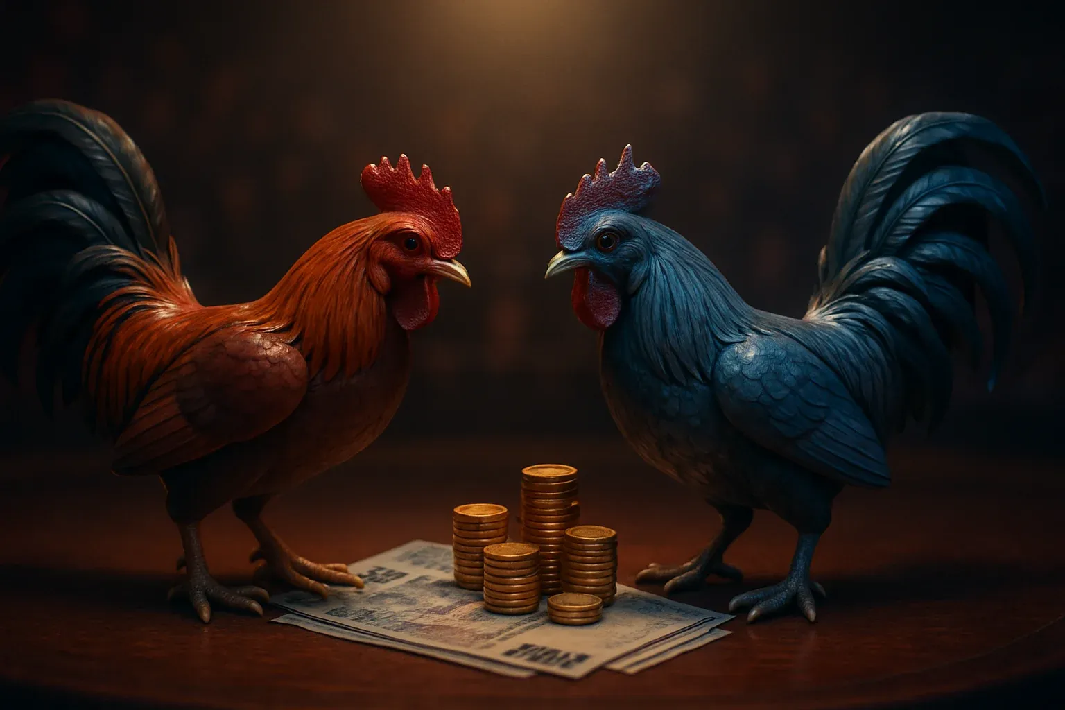 Decorative sabong rooster figurines with peso bets and golden coins