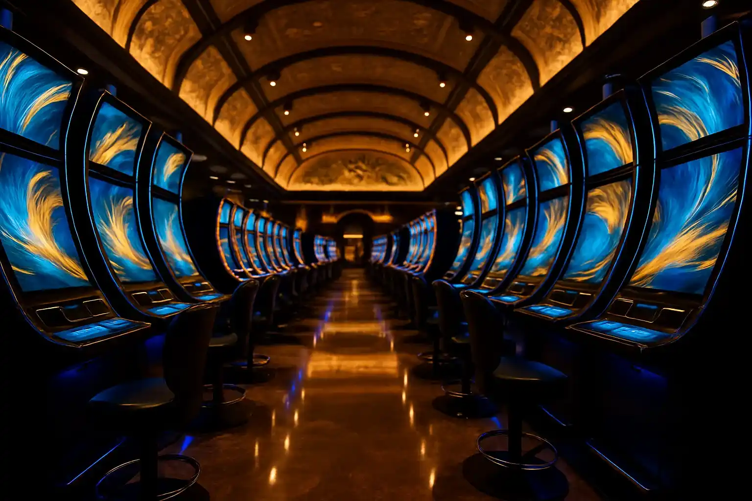 Luxury slots hall with curved machines and glowing blue gold lights