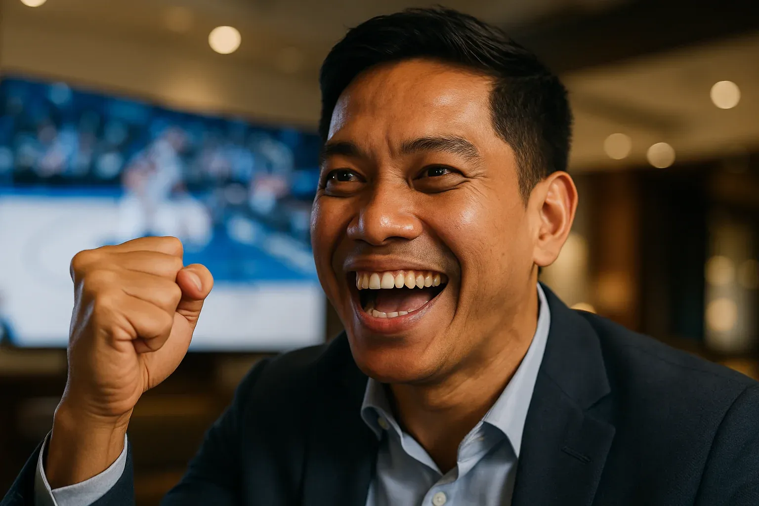 Filipino sports bettor celebrating basketball win in premium Manila lounge